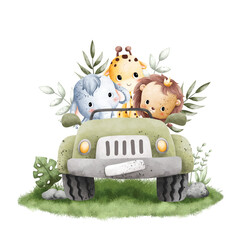Watercolor Illustration cute baby animals riding green safari jeep - obrazy, fototapety, plakaty