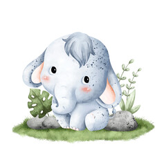 Watercolor Illustration cute baby elephant sitting on the grass with leaves
