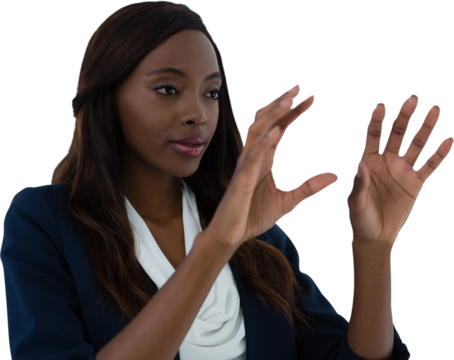 Close up of woman gesturing on interface screen