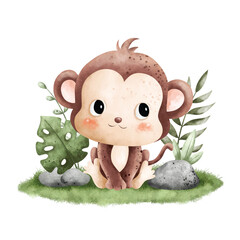 Watercolor Illustration cute baby monkey sitting on the grass with leaves © Stella