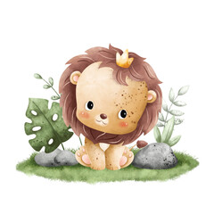 Watercolor Illustration cute baby lion sitting on the grass with leaves © Stella