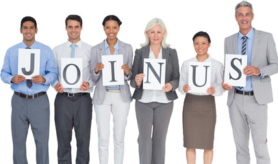 Smiling business people holding join us sign
