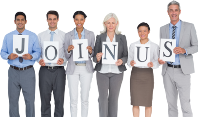 Smiling business people holding join us sign
