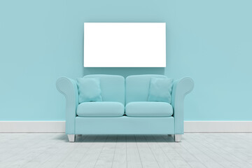 3d illustration of blue sofa with cushions