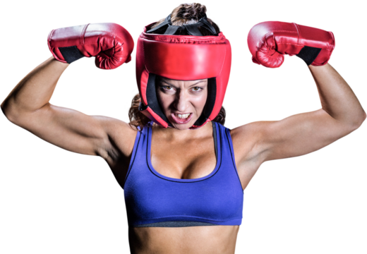 Portrait of angry female boxer flexing muscles