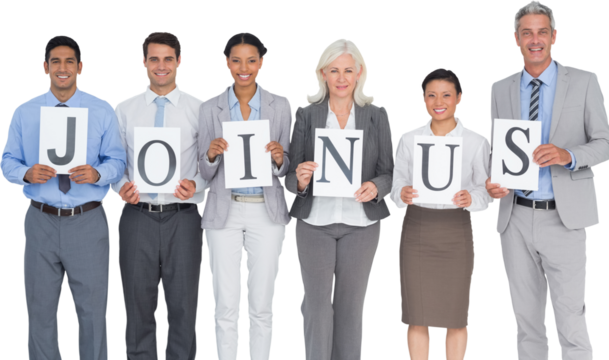 Smiling business people holding join us sign - Powered by Adobe