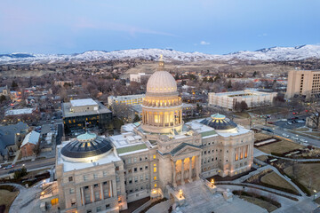 Idaho State Capitol in Boise with Snow Mountains in background