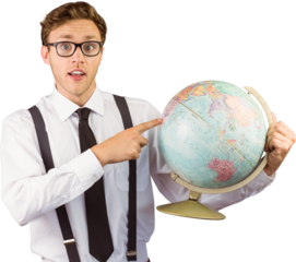 Geeky businessman pointing to globe