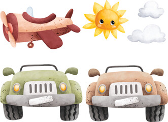 Watercolor illustration set of safari jeep and plane with sun and clouds © Stella