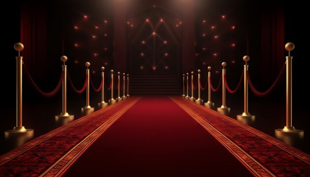 Red Carpet Bollywood Stage, Maroon Steps Spot Light Backdrop of the Golden Regal Awards. Generative ai