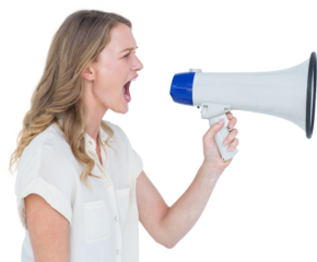 Woman shouting through a loudspeaker