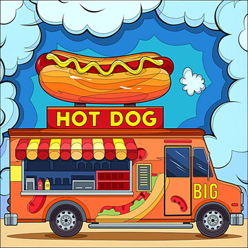 illustration of a bus selling hot dogs