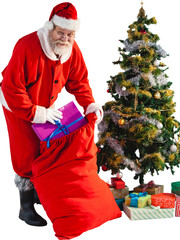 Santa Claus putting presents in bag by Christmas tree