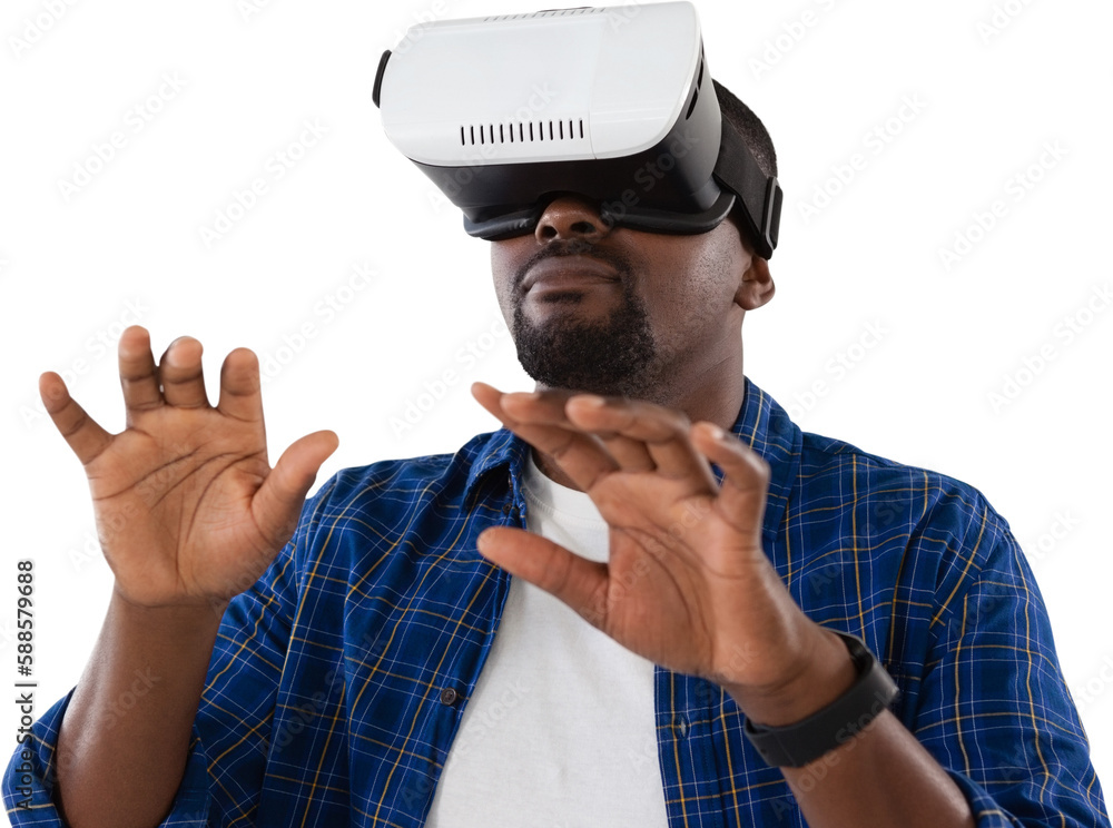 Poster man gesturing while using virtual reality headset