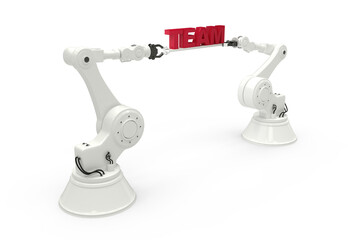 Graphic image of robotic arms with text