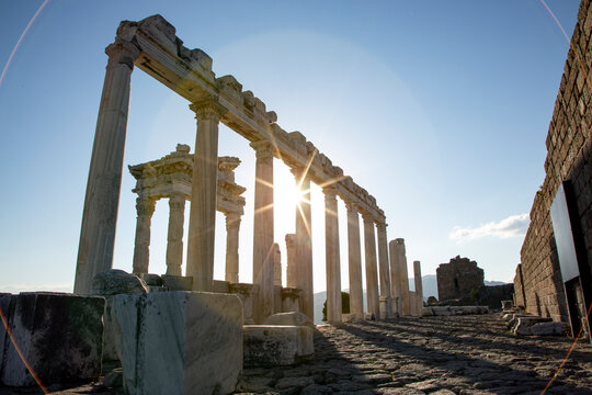 Temple of Trajan at Acropolis of Pergamon in Turkey. Roman period. The ruins of the ancient city.