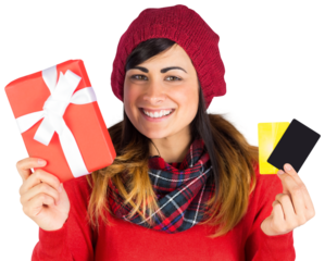 Smiling brunette holding gift and cards