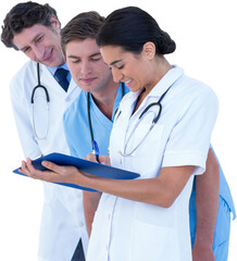 Fototapeta premium Happy doctors discussing on white background