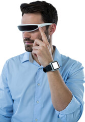 Man wearing virtual reality glasses and smart watch