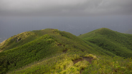 Fototapeta na wymiar Green hike hills trail in Oahu. Hawaiian nature overcast cloudy weather.