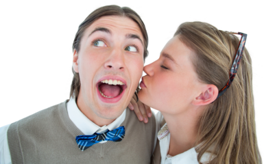 Pretty geeky hipster giving boyfriend kiss on the cheek