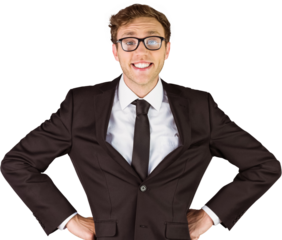 Young geeky businessman smiling at camera