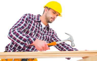 Handyman using hammer on wood 