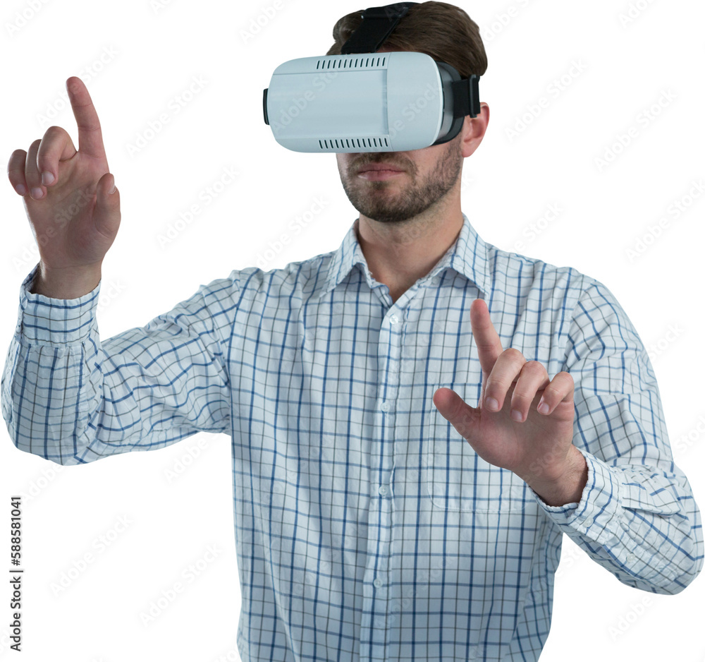 Poster man gesturing while using virtual reality headset