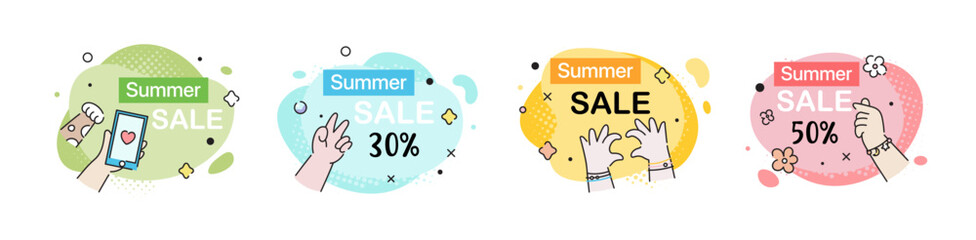 Summer sale banner template. Summer cute geometric tags and labels with cute hands and colorful shapes. Abstract isolated background. price deal badges for discount offers. Modern minimal concept.

