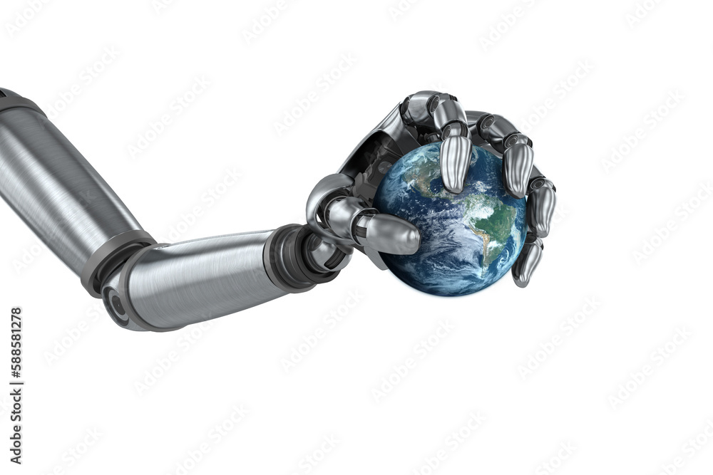 Poster digital image of chrome robot hand with globe