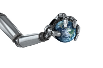 Digital image of chrome robot hand with globe