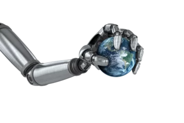 Tuinposter Digital image of chrome robot hand with globe © vectorfusionart