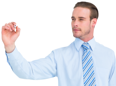 Concentrated businessman in shirt writing with marker