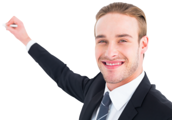 Happy businessman writing with chalk