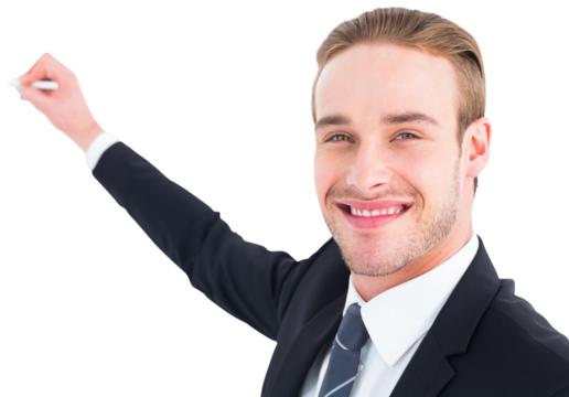 Happy businessman writing with chalk - Powered by Adobe