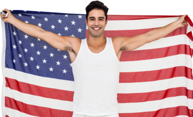 Athlete posing with american flag after victory