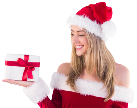 Pretty santa girl holding gift