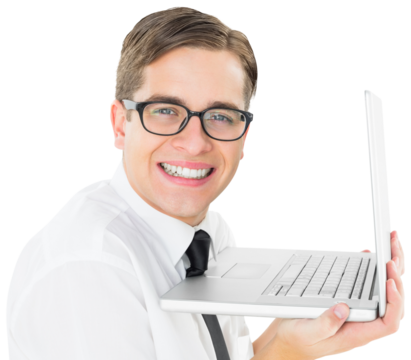 Geeky businessman holding his laptop