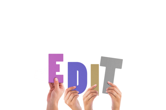 Colorful alphabet spelling edit held up by people