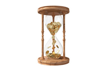 Wooden hourglass with flowing coins