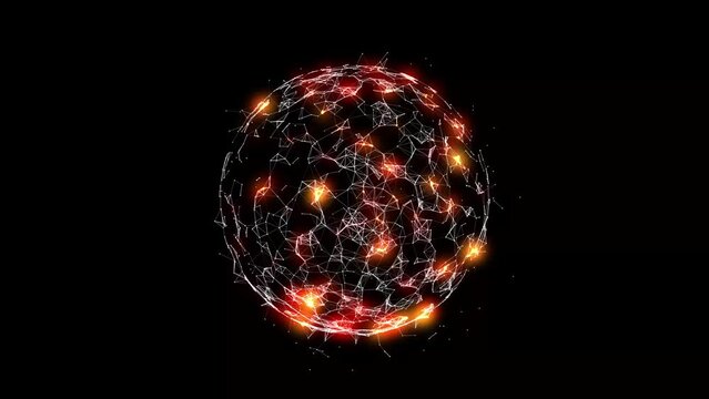 Pulsating patches of light on a sphere consisting of white rotating joints on a black background.