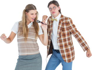 Happy geeky hipsters singing with microphone