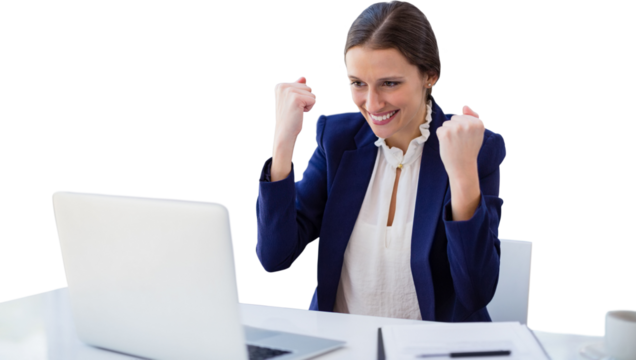 Cheerful businesswoman using laptop against white background - Powered by Adobe