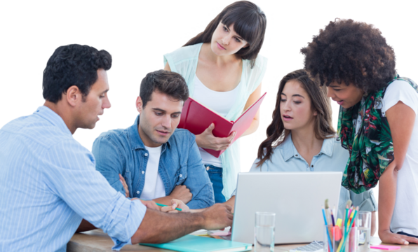 Seated creative business team working on a laptop