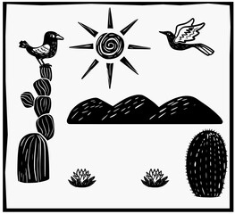 Northeast scenery scene. Cactus, birds and landscapes. woodcut style