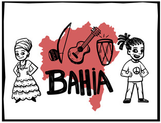 Bahia, Brazilian state. Northeast of Brazil, with map and characters.