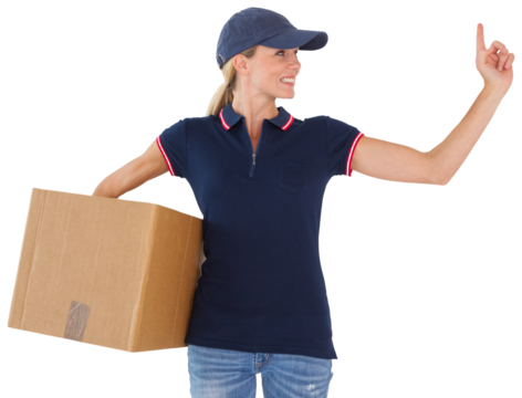 Happy delivery woman holding cardboard box and pointing up