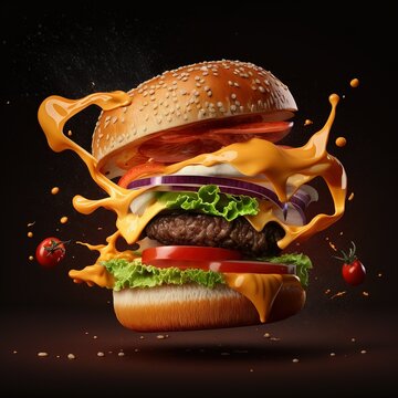 Falling burger with all ingredients, lettuce, tomatoes, meat patty, sauce. floating burger isolated on dark background. flying cheese burger banner design. Generative Ai.