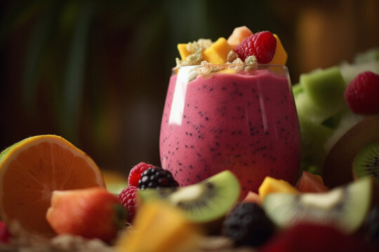 Professional studio close-up of a colorful smoothie surrounded by healthy fruit, made with generative AI
