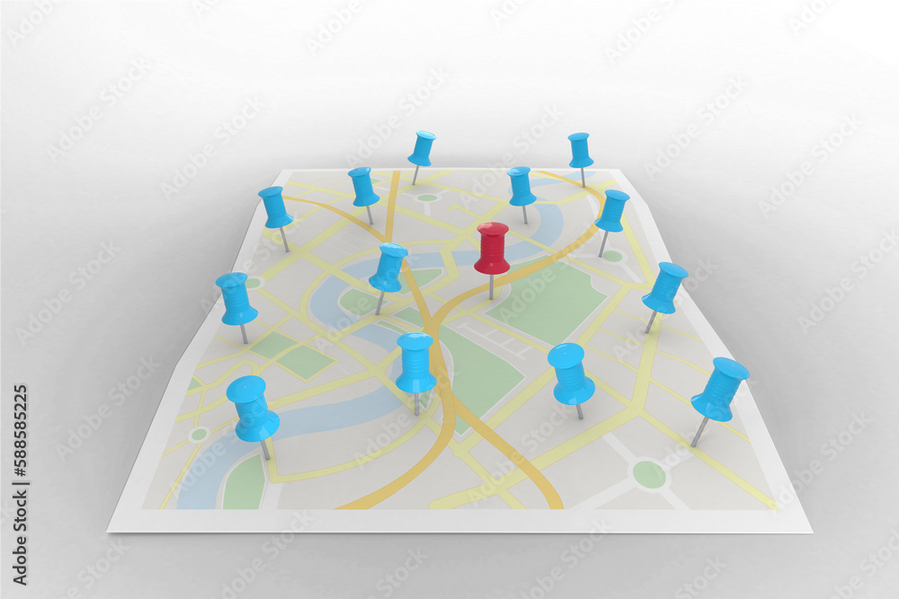 Poster red pointer surrounded by blue markers on world map
